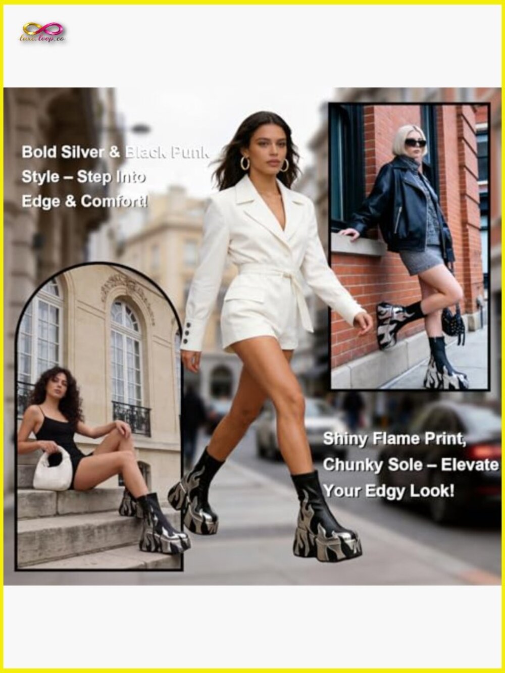 Chunky Sole Ankle Boots with Flames Printing, Platform Heel, Zipper Closure - Picture 4 of 7